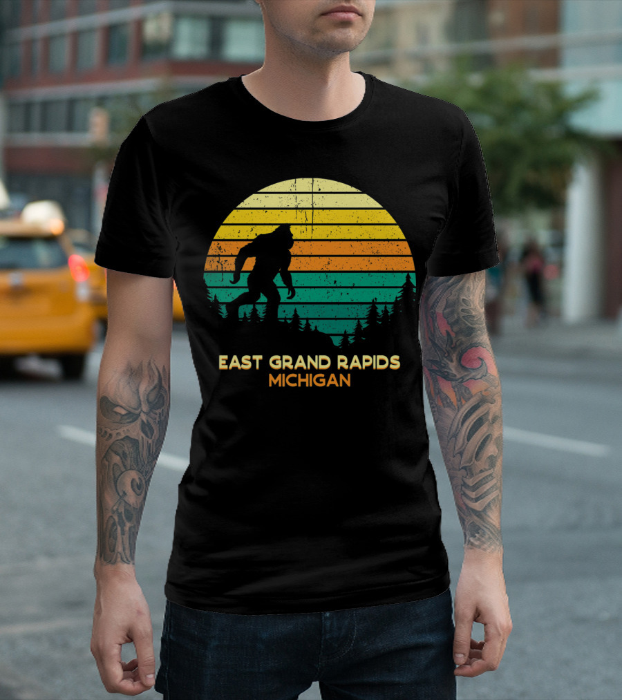Retro Bigfoot East Grand Rapids Michigan Sunset T-Shirt