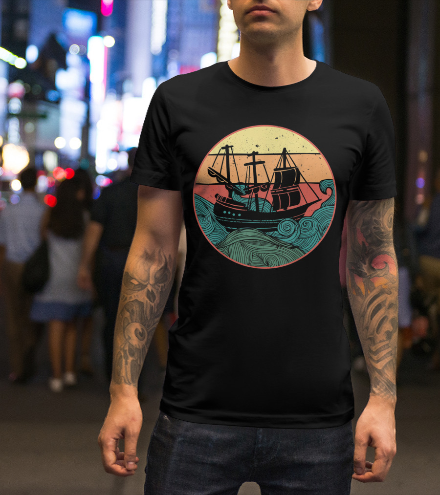Sailboat Sailing Ship Sunset Waves T-Shirt