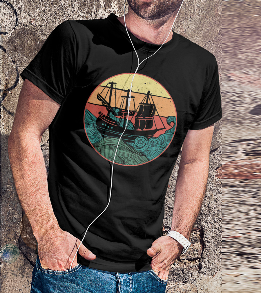 Sailboat Sailing Ship Sunset Waves T-Shirt