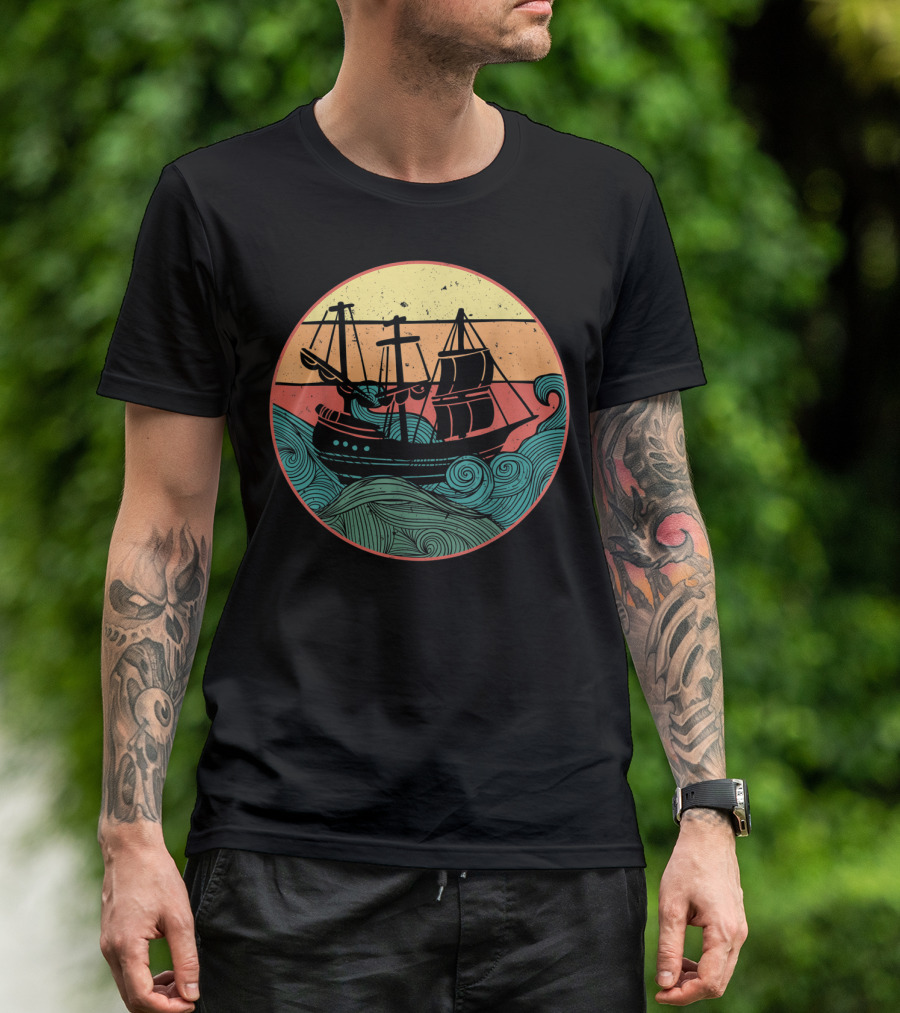 Sailboat Sailing Ship Sunset Waves T-Shirt