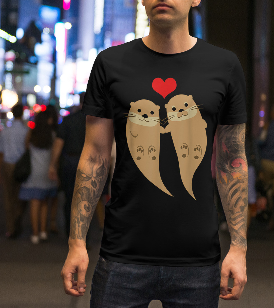 Two Cute Otters Holding Hands With Heart T-Shirt