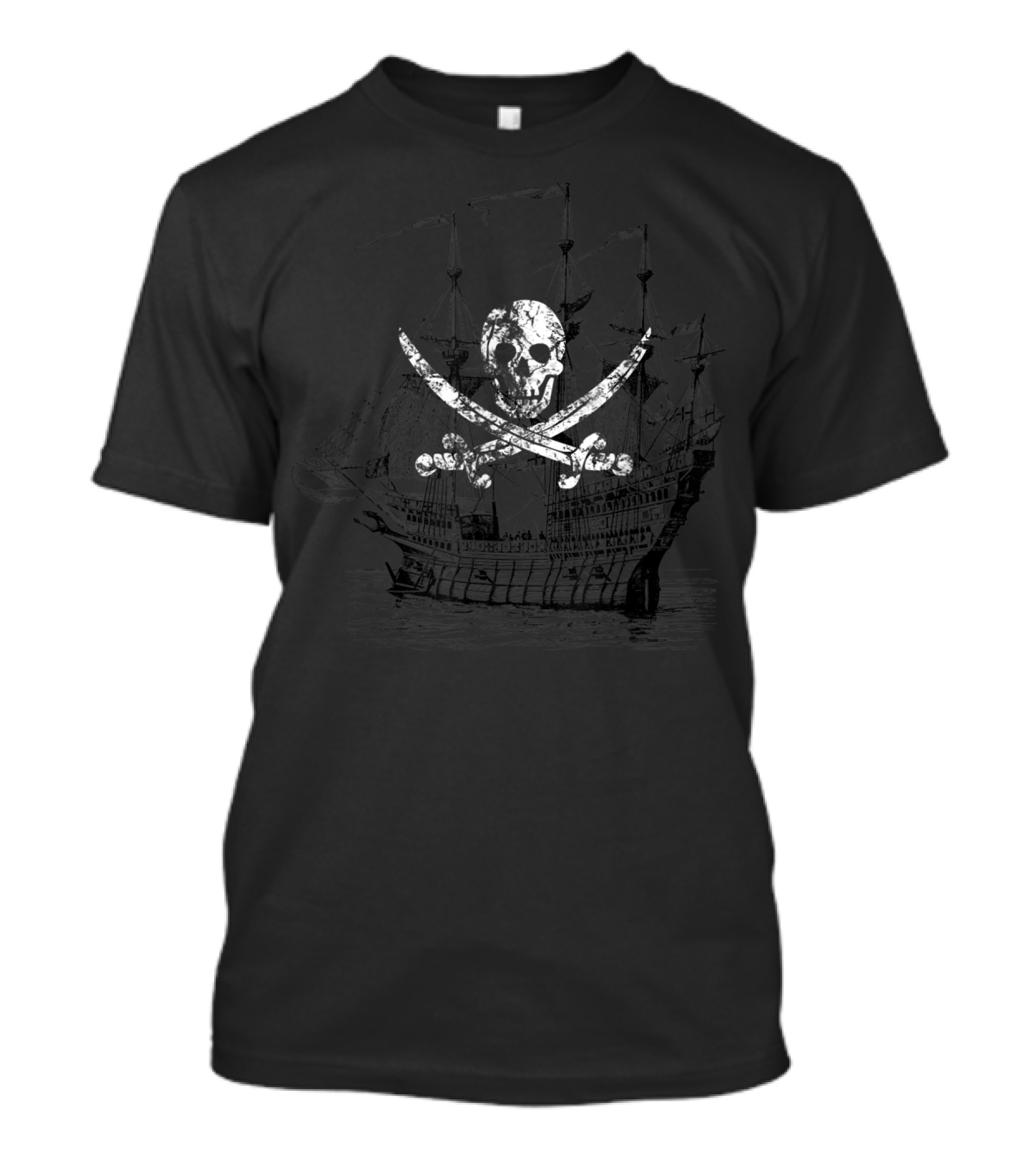 Classic Skull And Crossed Swords With Pirate Ship Background T-Shirt