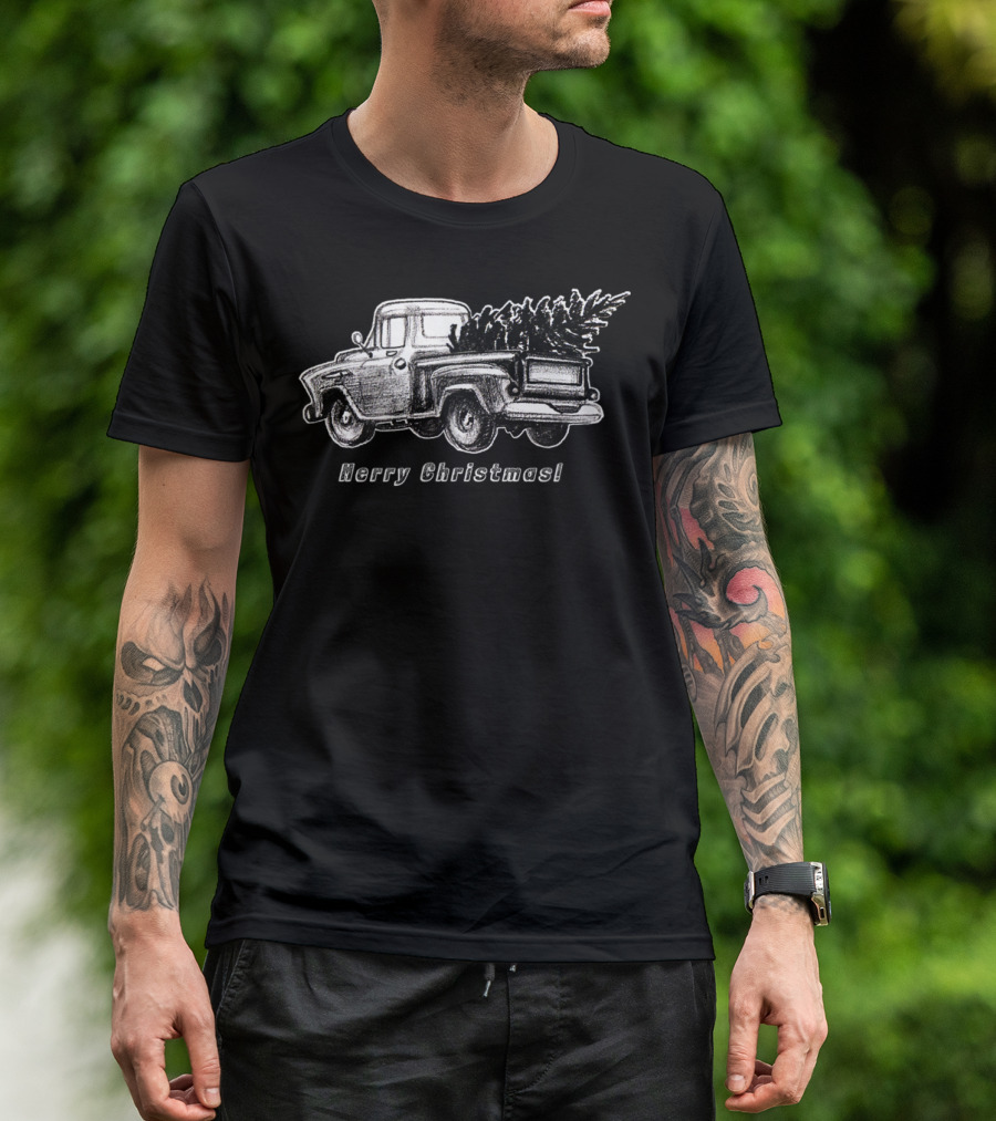 Merry Christmas Classic Vintage Stepside Pickup Truck With Tree T-Shirt