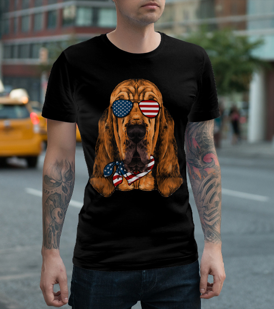Bloodhound Dog With American Flag Sunglasses And Bandana For Patriotic 4th Of July T-Shirt