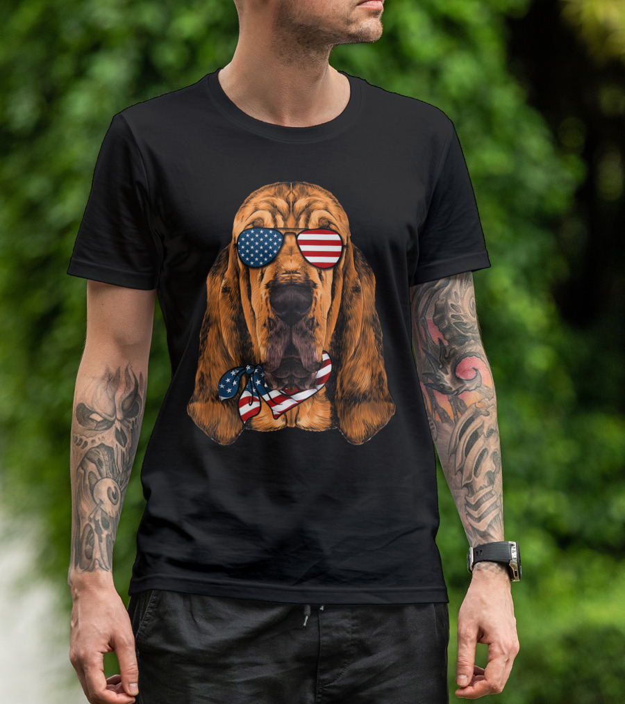 Bloodhound Dog With American Flag Sunglasses And Bandana For Patriotic 4th Of July T-Shirt
