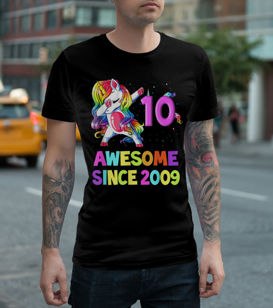 10 Awesome Since 2009 Unicorn Dabbing 10 Years Old Birthday T-Shirt