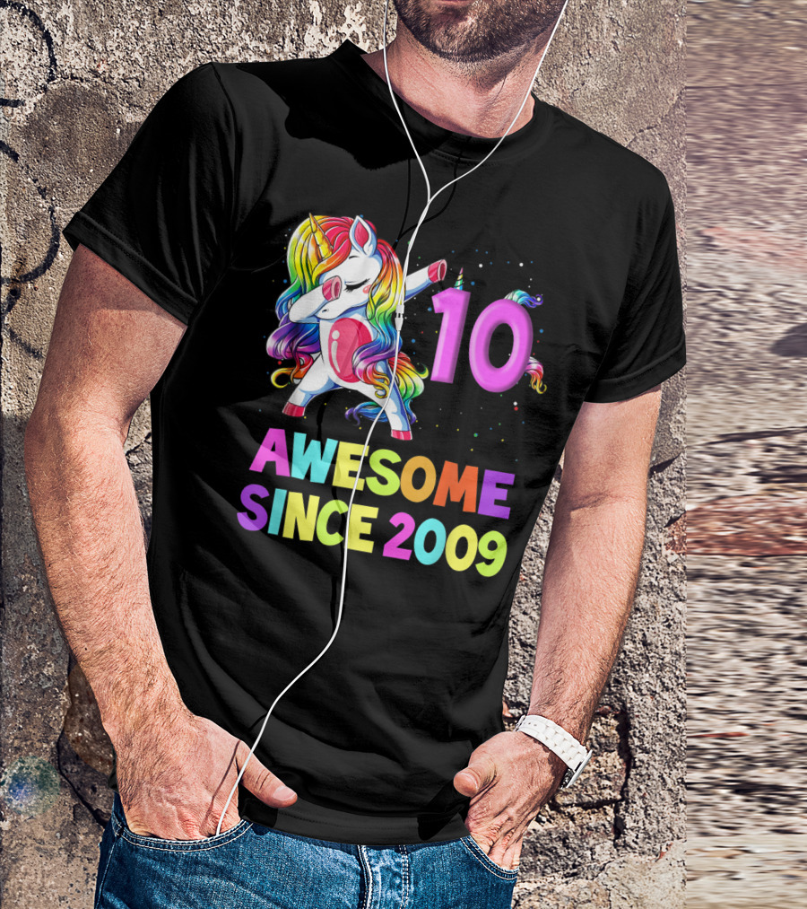10 Awesome Since 2009 Unicorn Dabbing 10 Years Old Birthday T-Shirt