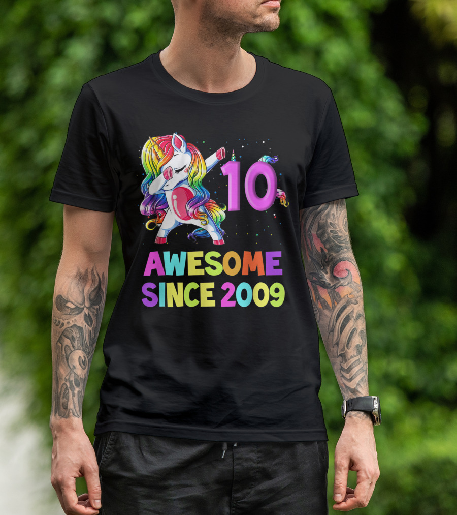 10 Awesome Since 2009 Unicorn Dabbing 10 Years Old Birthday T-Shirt