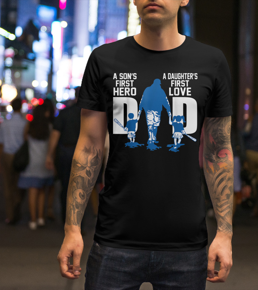 A Son's First Hero A Daughter's First Love Dad Baseball Bat Fatherhood Trio T-Shirt