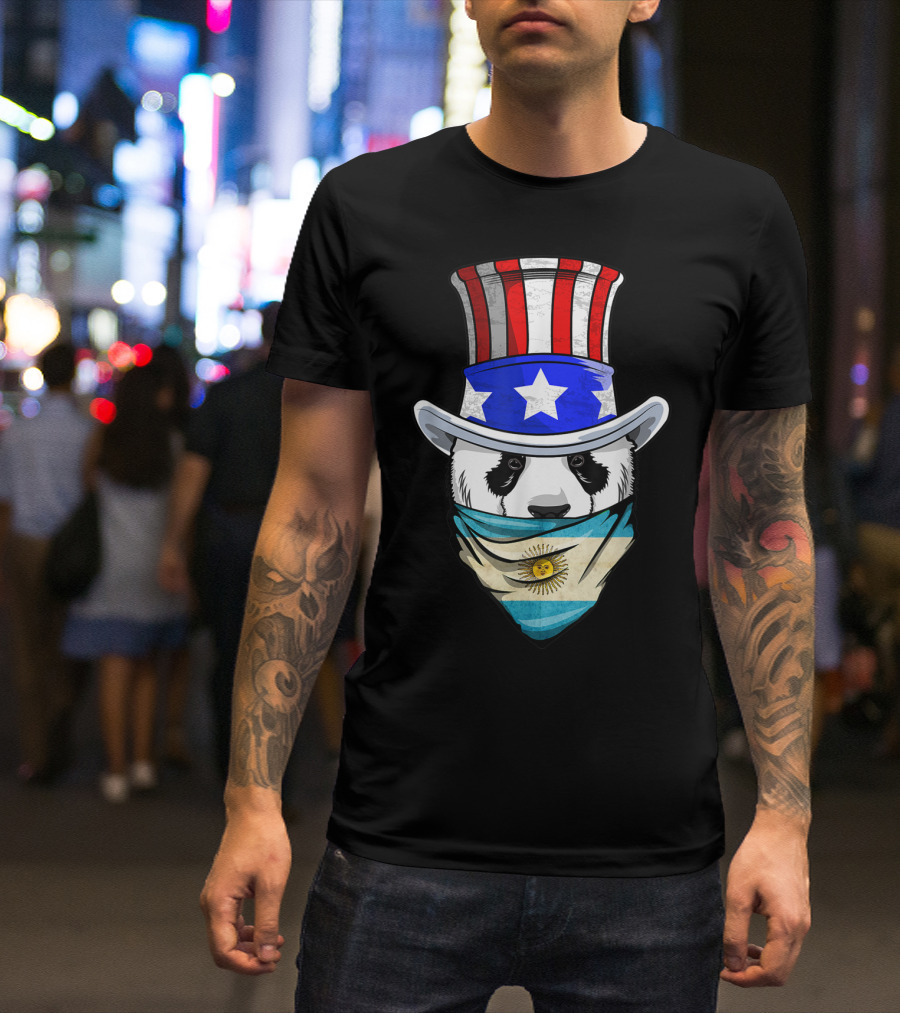 Argentinian Panda Bear In Argentina Bandana Flag With Uncle Sam Hat T-Shirt