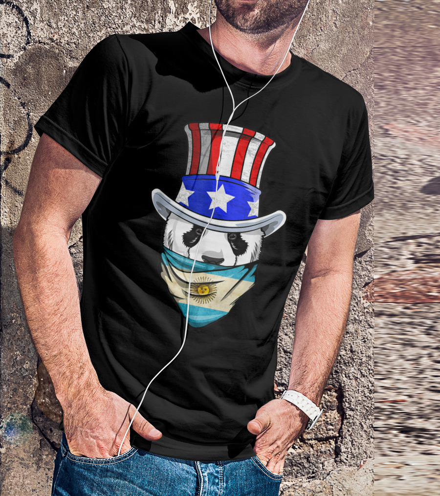 Argentinian Panda Bear In Argentina Bandana Flag With Uncle Sam Hat T-Shirt