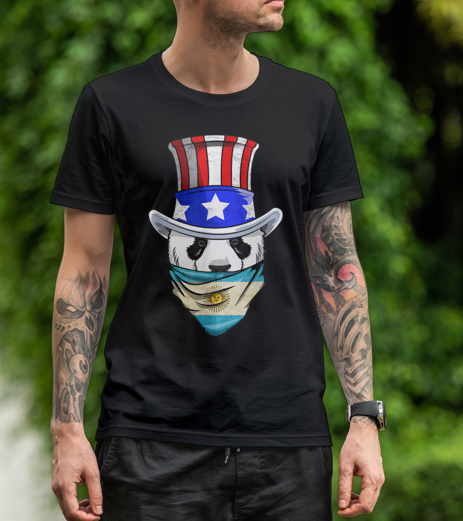 Argentinian Panda Bear In Argentina Bandana Flag With Uncle Sam Hat T-Shirt