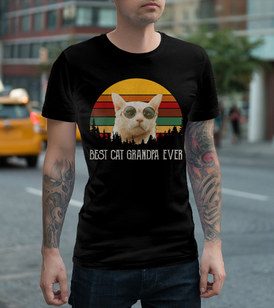 Best Cat Grandpa Ever Retro Cat With Sunglasses And Trees Vintage Sunset T-Shirt