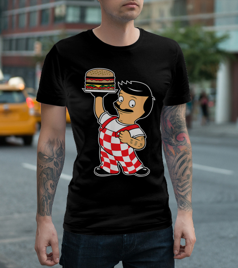 Big Bob Checkered Overalls Burger Mascot T-Shirt