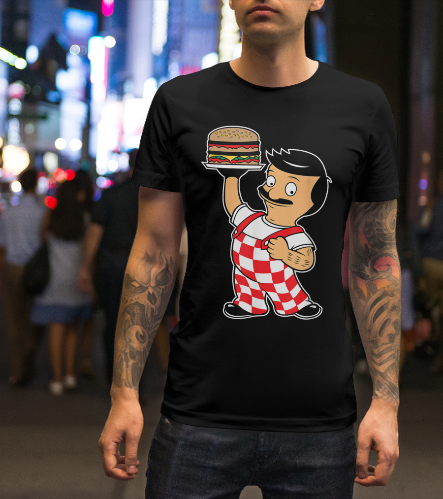 Big Bob Checkered Overalls Burger Mascot T-Shirt