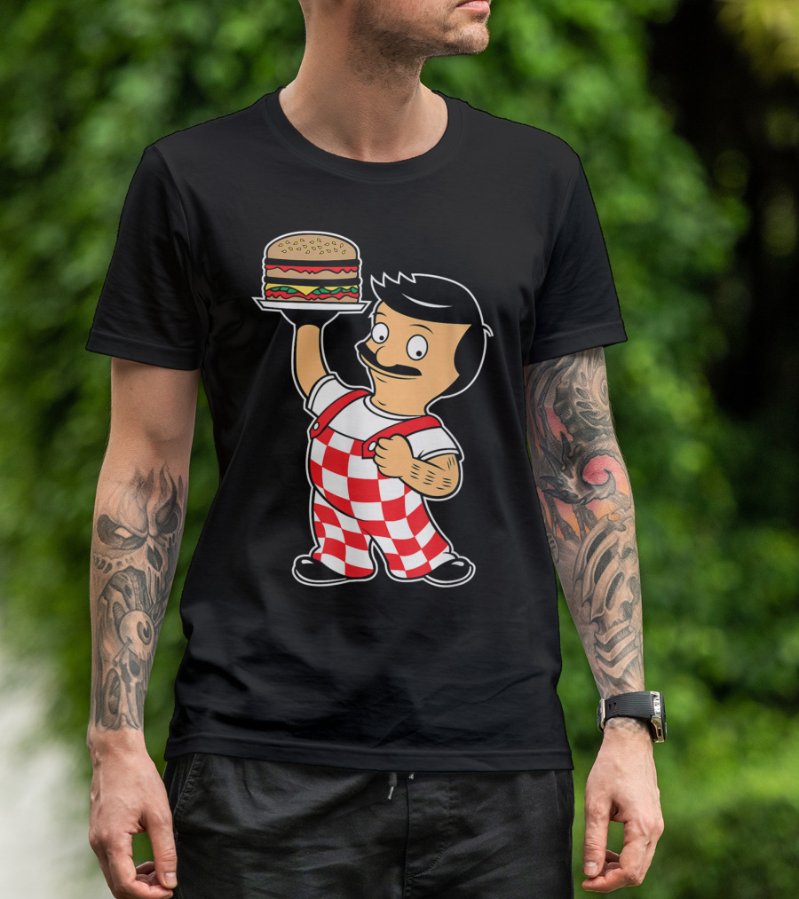 Big Bob Checkered Overalls Burger Mascot T-Shirt