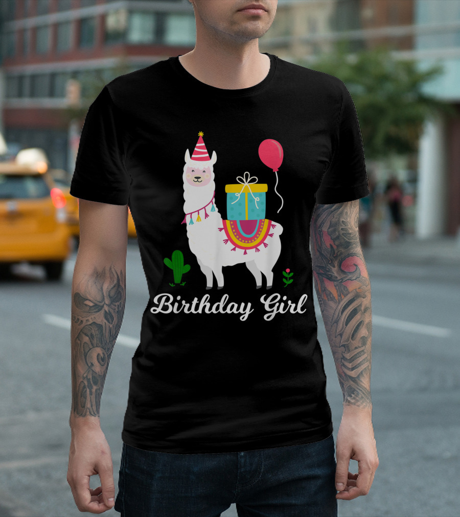 Birthday Girl Cute Alpaca Llama Cactus Balloon Party T-Shirt