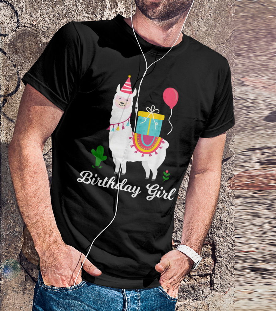 Birthday Girl Cute Alpaca Llama Cactus Balloon Party T-Shirt