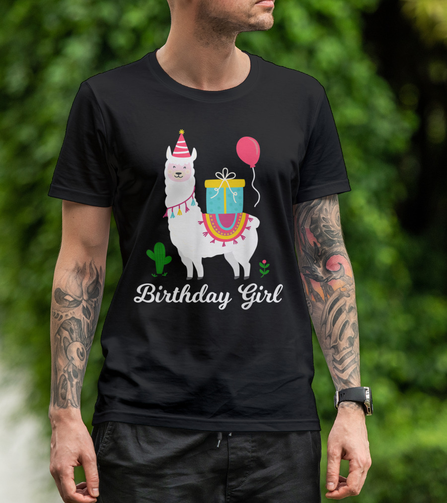 Birthday Girl Cute Alpaca Llama Cactus Balloon Party T-Shirt