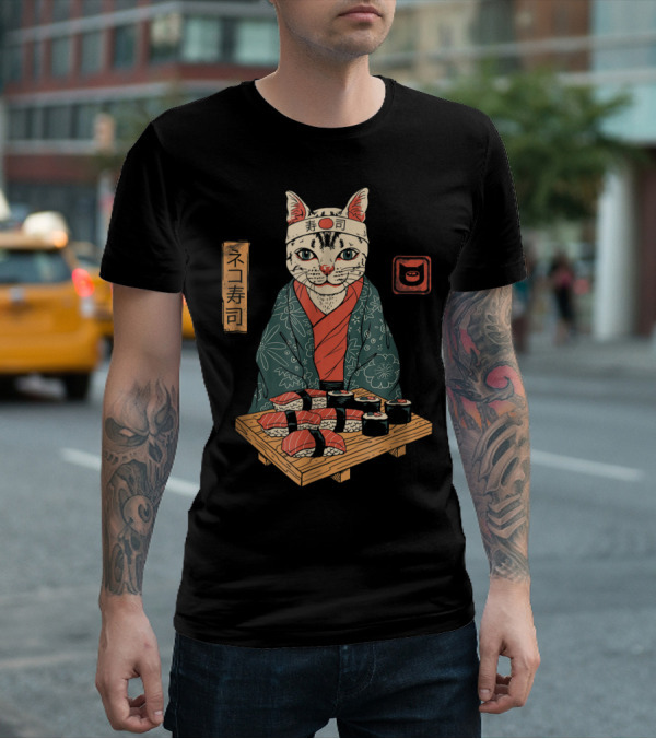 Neko Sushi Cat Chef In Kimono With Sushi Platter T-Shirt