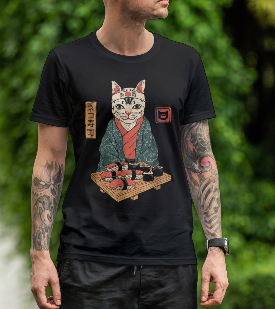 Neko Sushi Cat Chef In Kimono With Sushi Platter T-Shirt