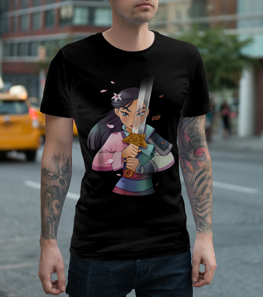 Disney Mulan Anime Half Girl Half Warrior Sword Blossoms T-Shirt