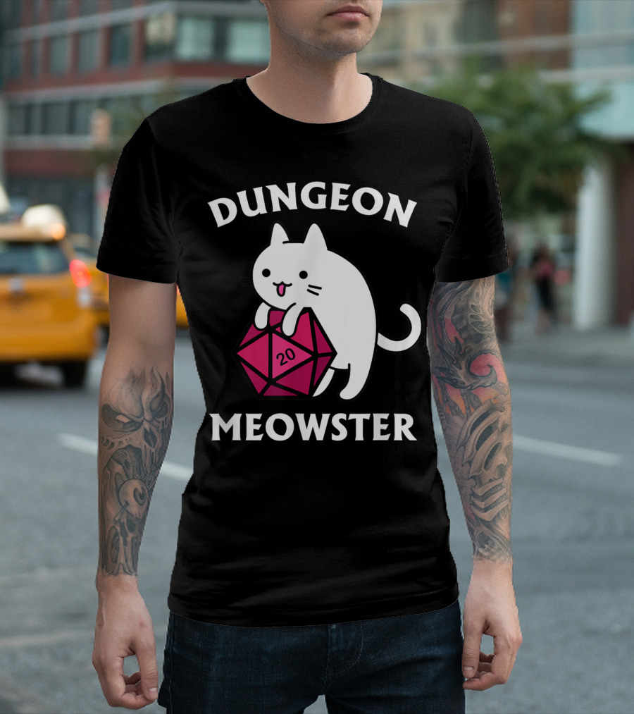 Dungeon Meowster Cat Hugging D20 Dice for Funny DnD Tabletop Gamer T-Shirt