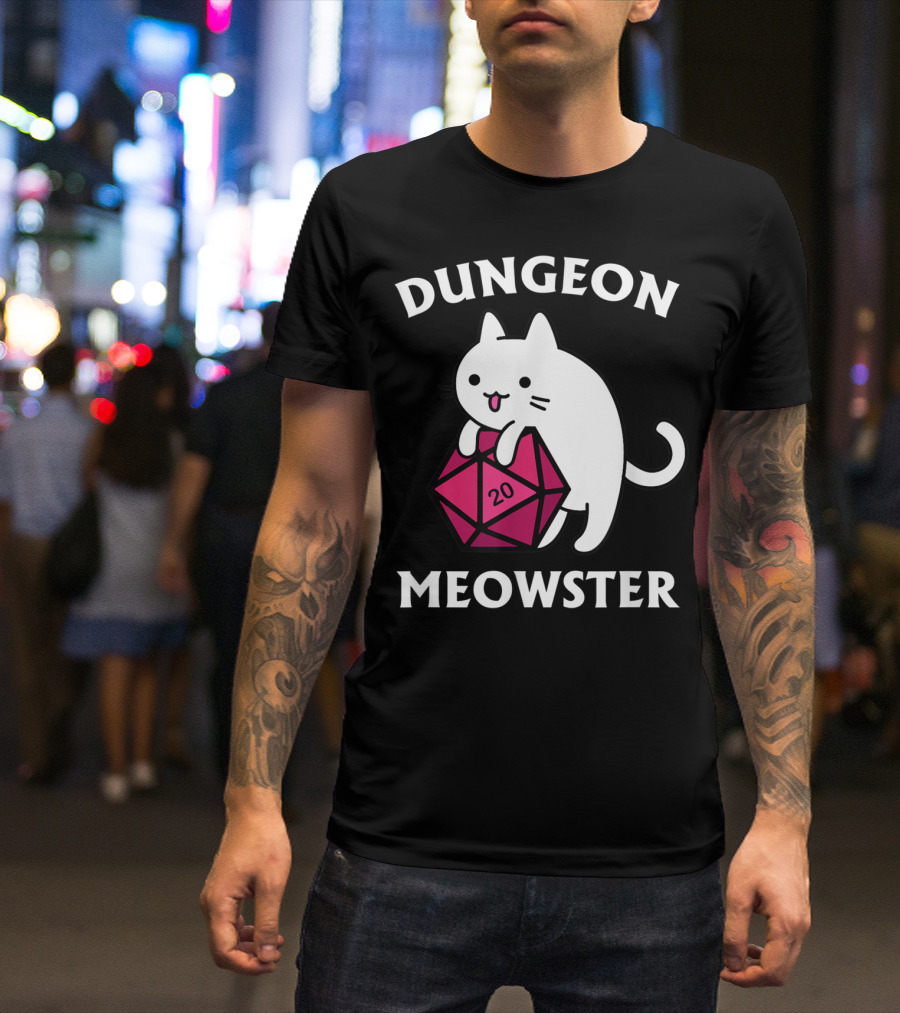 Dungeon Meowster Cat Hugging D20 Dice For Funny DnD Tabletop Gamer T-Shirt