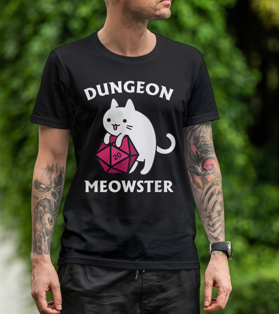 Dungeon Meowster Cat Hugging D20 Dice For Funny DnD Tabletop Gamer T-Shirt