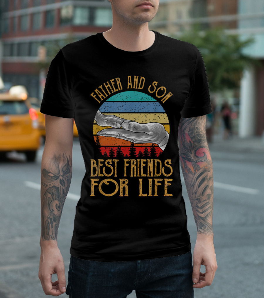 Father And Son Best Friends For Life Vintage Hands Retro Stripes T-Shirt