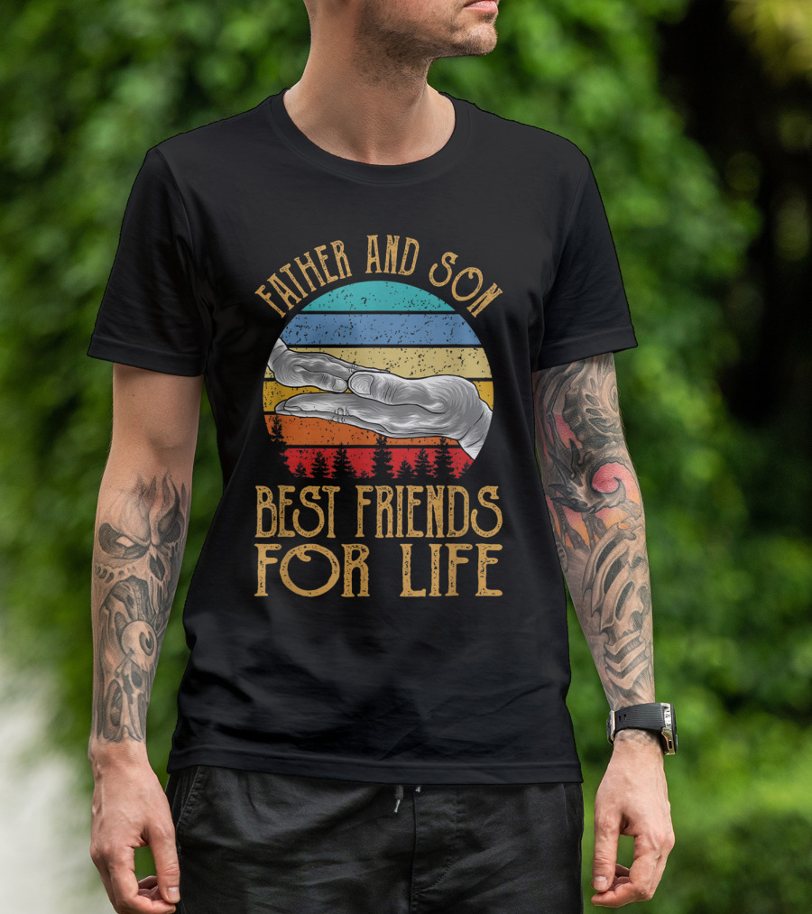 Father And Son Best Friends For Life Vintage Hands Retro Stripes T-Shirt