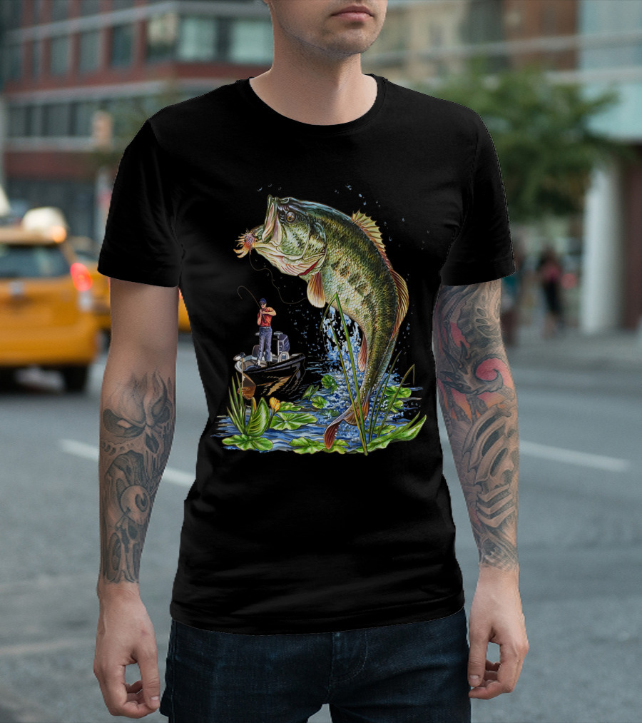 Fishing Large Mouth Bass Catching Scene with Angler and Boat T-Shirt