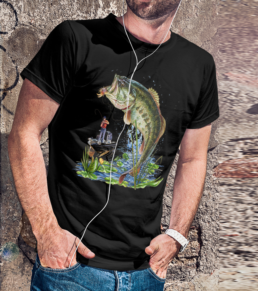 Fishing Large Mouth Bass Catching Scene With Angler And Boat T-Shirt