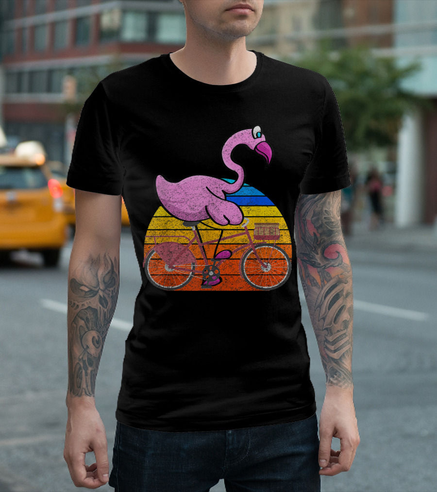 Flamingo Riding Bicycle Funny Retro Sunset T-Shirt