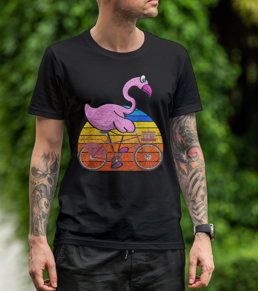 Flamingo Riding Bicycle Funny Retro Sunset T-Shirt