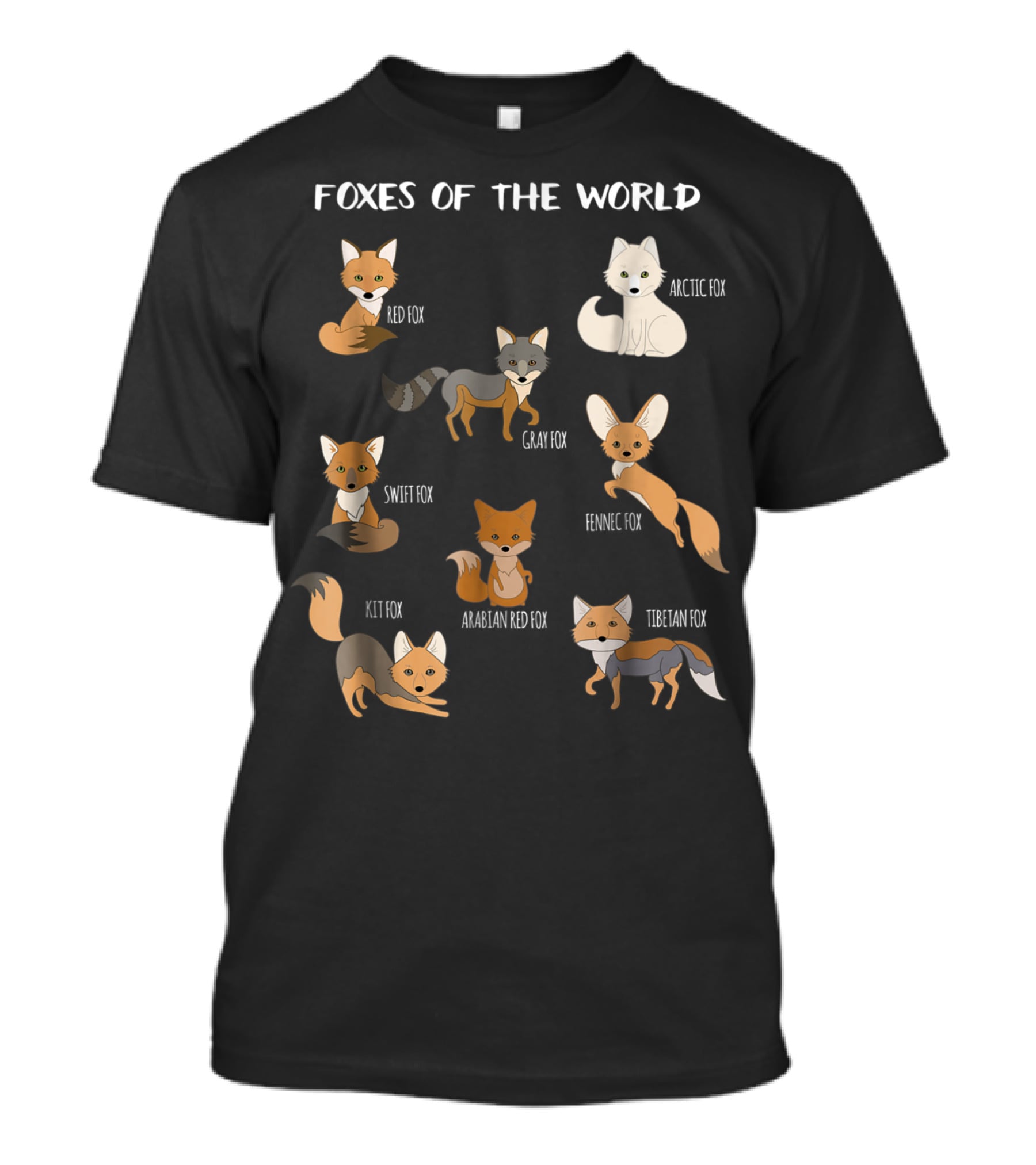 Foxes Of The World Arctic Gray Red Swift Kit Fennec Tibetan Arabian Fox Animals Educational T-Shirt