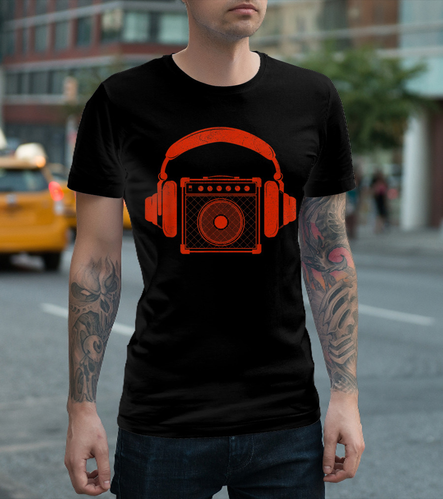 Red Headphones Over Speakerbox Music Lovers Novelty T-Shirt