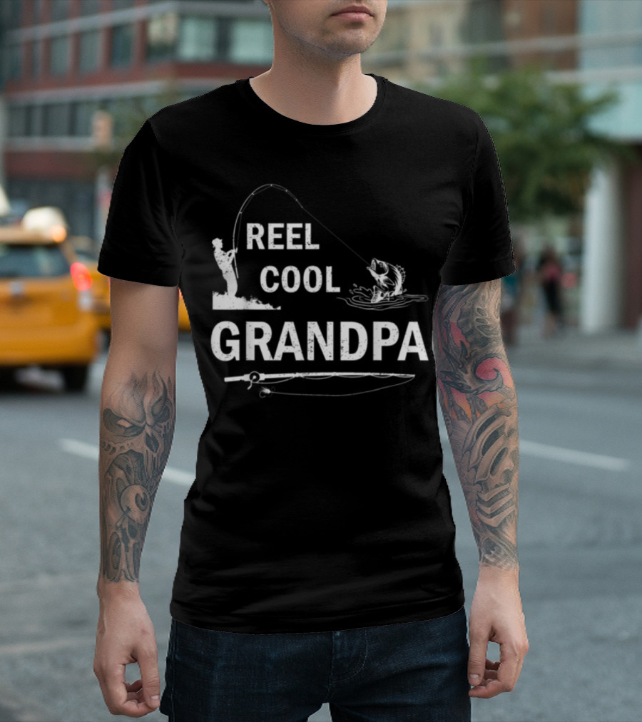Reel Cool Grandpa Fishing Silhouette With Rod And Fish T-Shirt