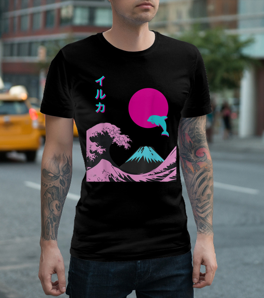 Retro Aesthetic Iruka Dolphin with Japanese Writing and Mount Fuji in Neon Colors T-Shirt
