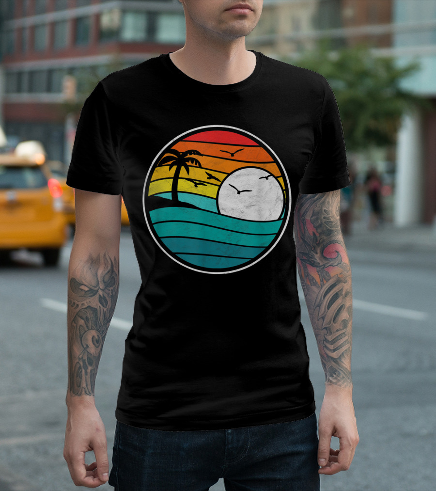 Retro Eighties Beach Sunset Surf Palm Waves T-Shirt