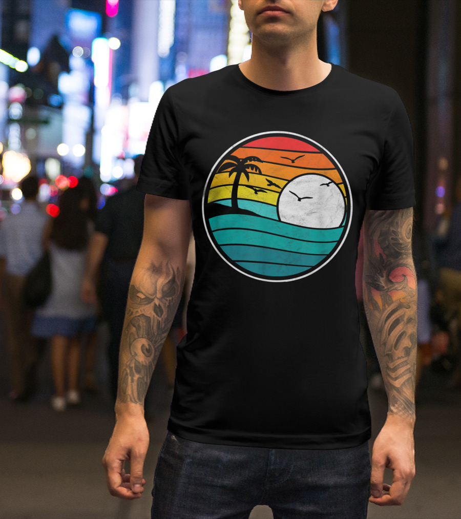 Retro Eighties Beach Sunset Surf Palm Waves T-Shirt