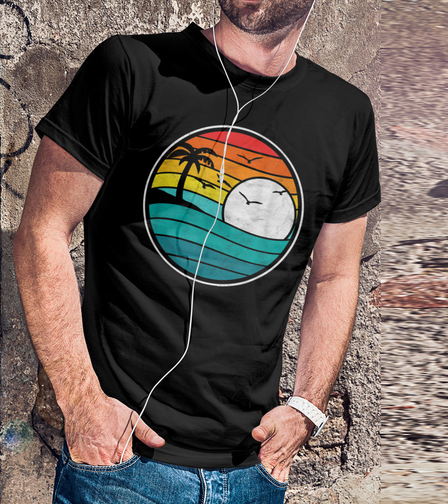 Retro Eighties Beach Sunset Surf Palm Waves T-Shirt