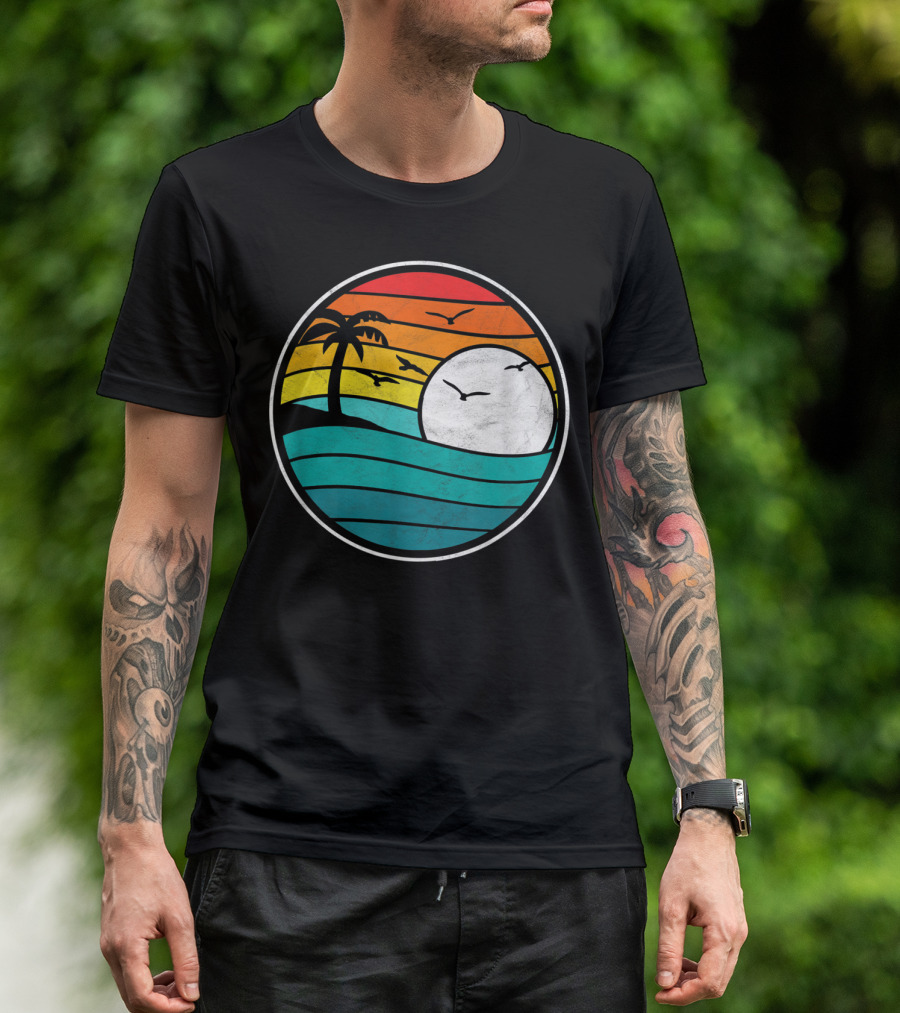 Retro Eighties Beach Sunset Surf Palm Waves T-Shirt