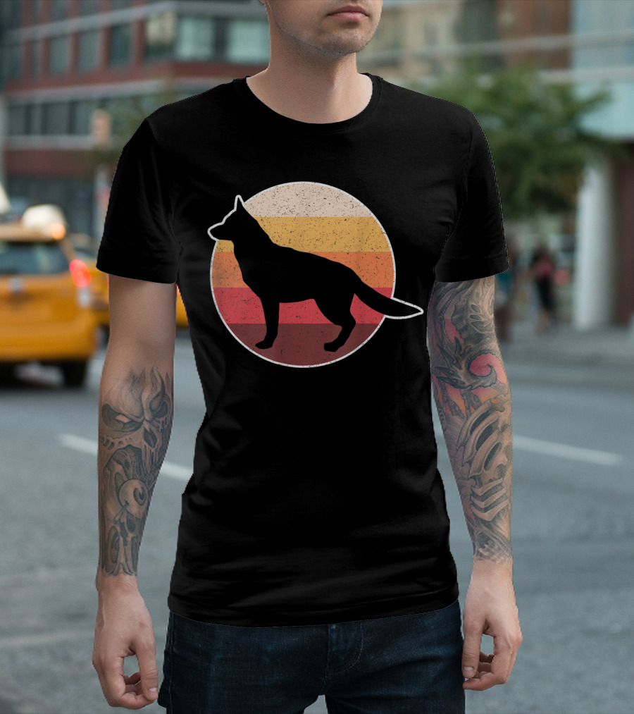 Vintage German Shepherd Silhouette with Retro Sunset Stripes T-Shirt
