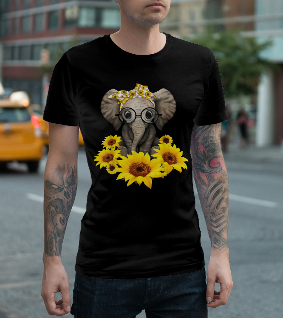 Sunflower Elephant For Woman Who Loves Elephant With Glasses And Floral Headband T-Shirt
