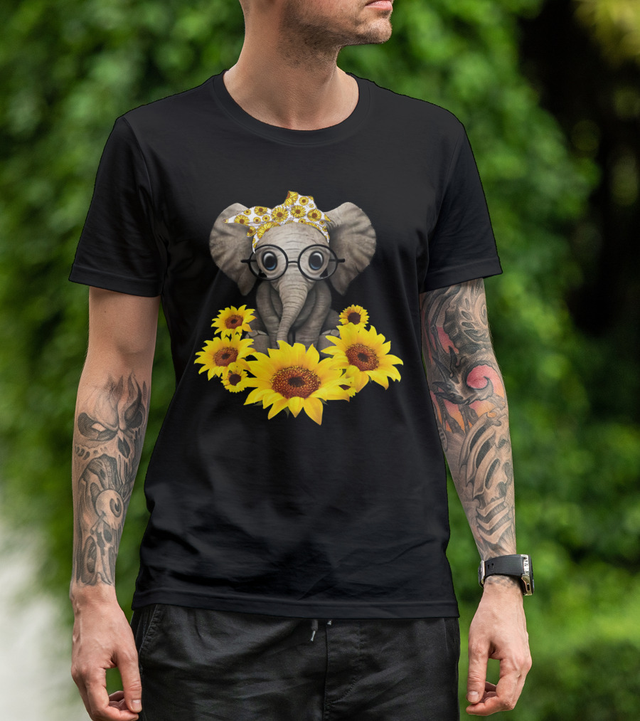 Sunflower Elephant For Woman Who Loves Elephant With Glasses And Floral Headband T-Shirt