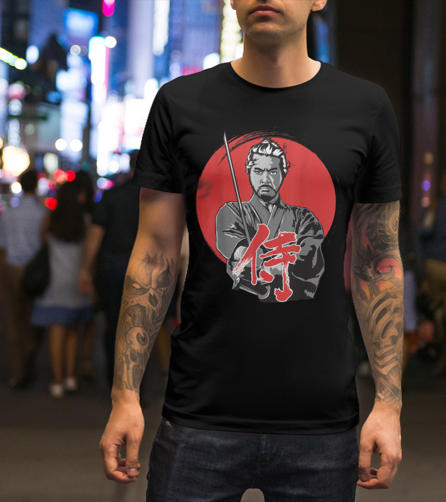 Samurai Warrior With Katana Red Sun Background T-Shirt