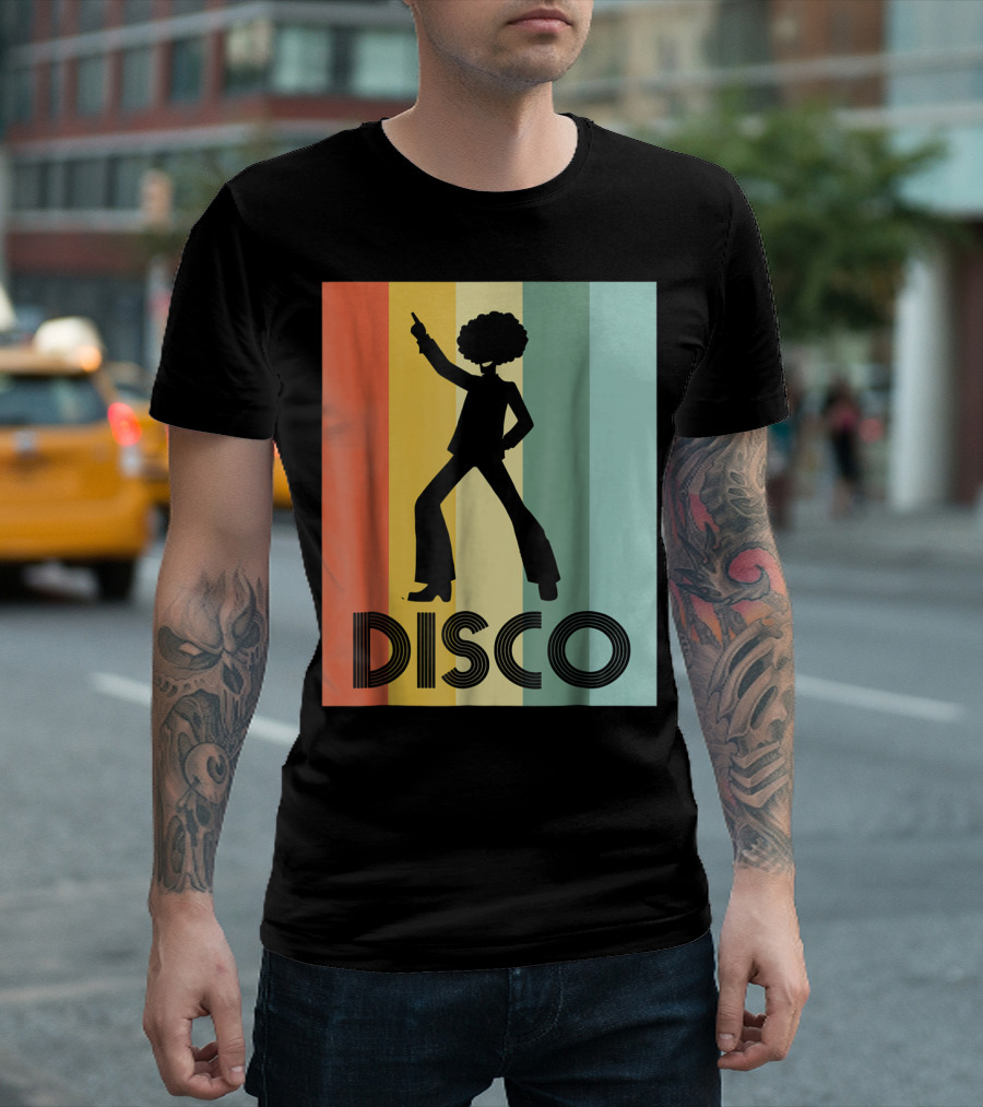 70s Disco Dancing Silhouette Retro Stripes T-Shirt