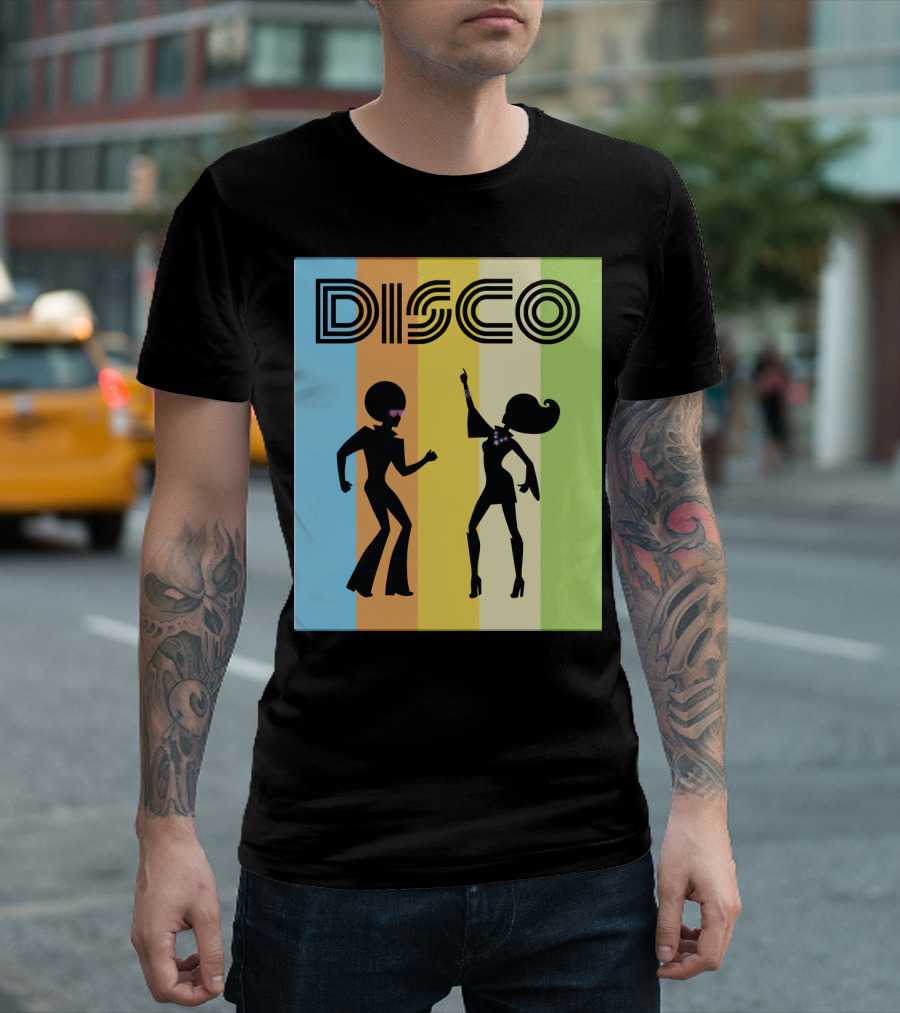 Disco Dancing 70s Disco Dancer With Silhouette And Retro Stripes T-Shirt