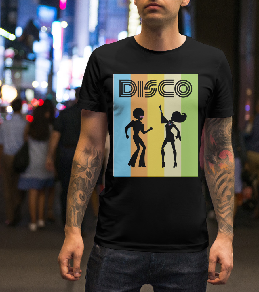 Disco Dancing 70s Disco Dancer With Silhouette And Retro Stripes T-Shirt